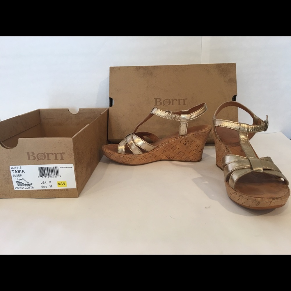 Born size 8, gold strapped wedges.
